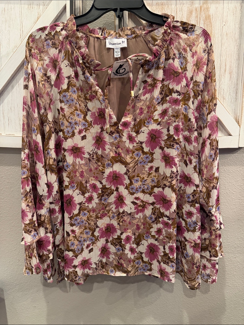 Veronica M Rose Floral Tie-Neck Blouse large ptp 23 pretty colors